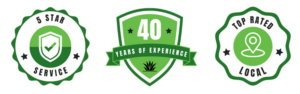 5 Star Service, 40 Years of Experience, and Top Rated Local Badges for Dr. Green Services.