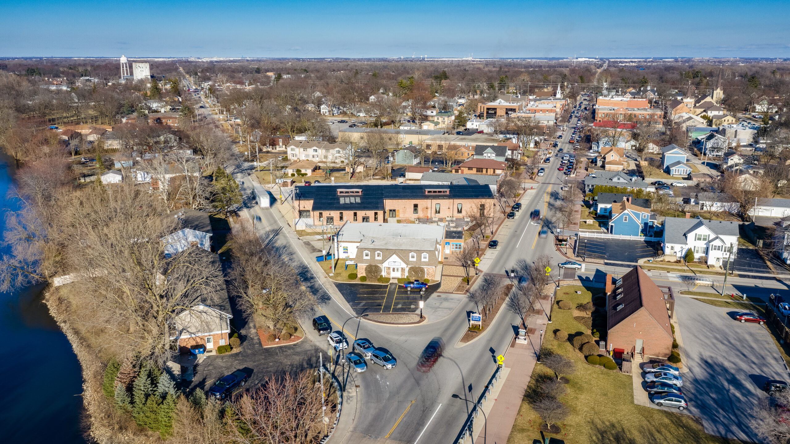 Downtown Plainfield showcasing the vibrant community, with a focus on lawn care services provided by Dr. Green Services.