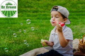 Boy blowing bubbles on a vibrant green and weed-free lawn.