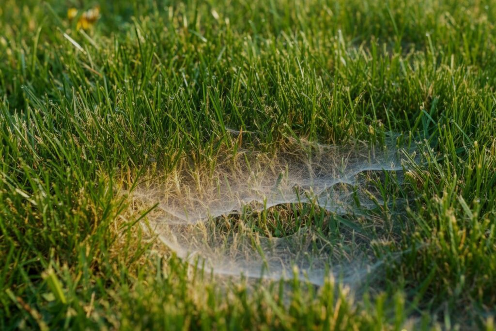 Dollar Spot fungus affecting a lawn, highlighting the need for fungicide treatment in lawn care.