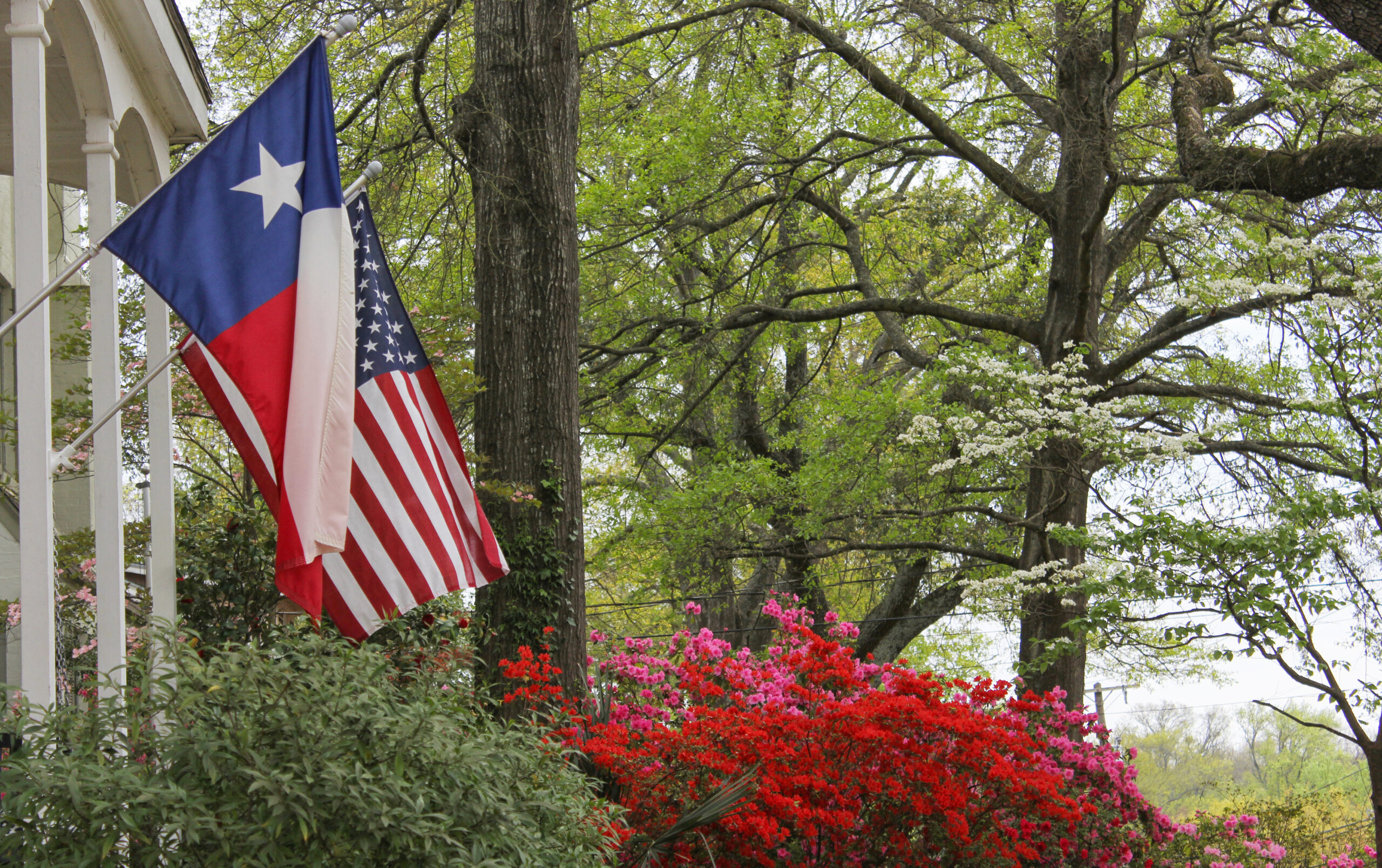 Historical home in Allen, Texas, with a Texas flag, surrounded by a healthy lawn and trees maintained by Dr. Green Services.