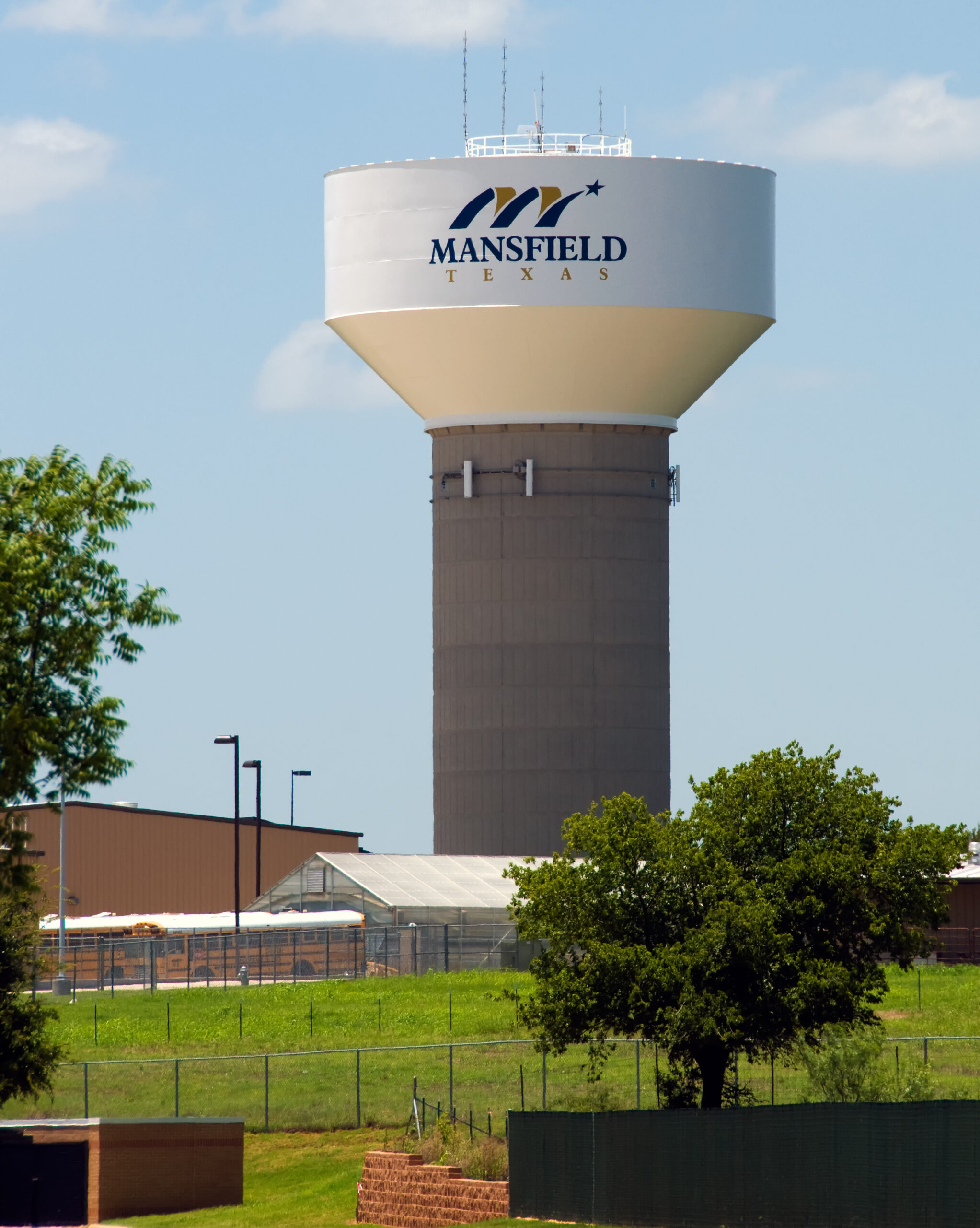 Mansfield Water Tower in Mansfield, Texas, standing tall against the sky.