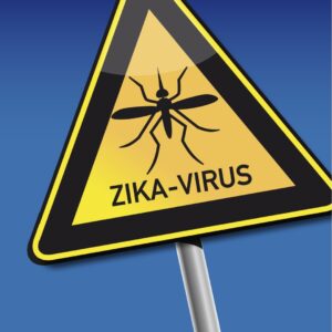 Warning sign displaying the word Zika with a mosquito symbol, alerting viewers to virus risk 