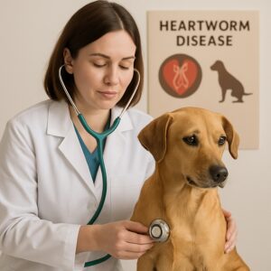Veterinarian and dog with infographic showing mosquito and heartworm risk