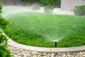 Sprinklers watering grass in the early morning as part of lawn care best practices 