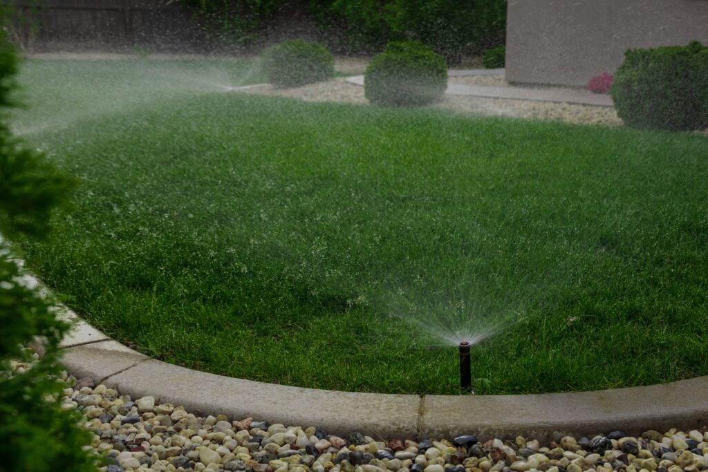 A set of automatic sprinklers gently sprays water over a lush, green lawn in the early morning. The sunlight glistens through the mist, creating a calm and healthy lawn scene. This image illustrates proper watering techniques—delivering even coverage and encouraging deep root growth. Ideal for highlighting smart irrigation as part of effective lawn care practices in various climates.

