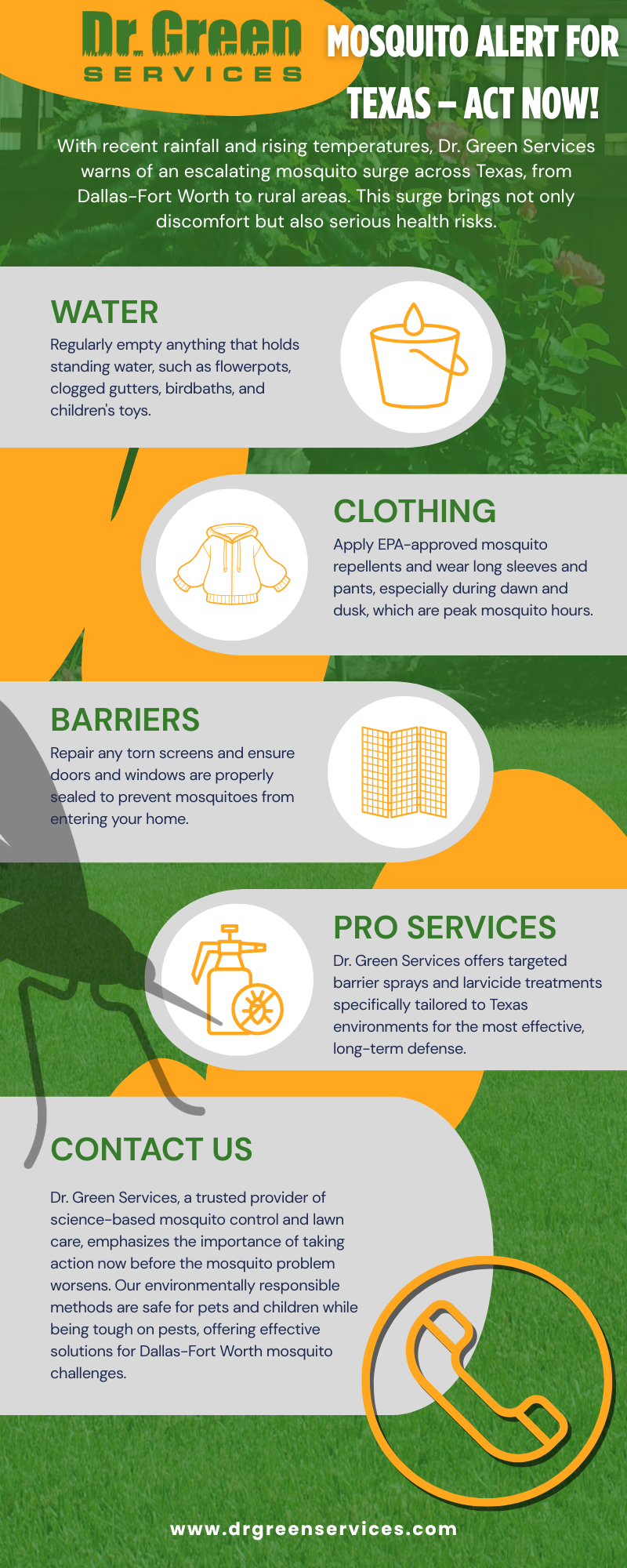 Texas mosquito alert infographic with prevention tips and health warnings from Dr. Green Services