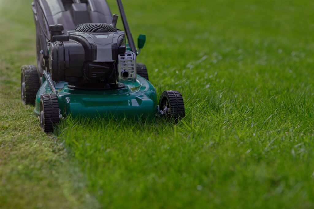 Mowing a healthy green lawn with a push mower during summer