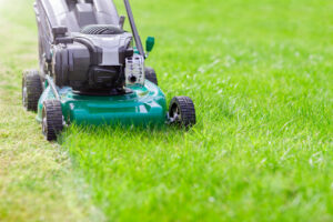 Mowing a healthy green lawn with a push mower during summer 