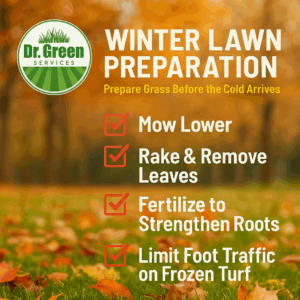Winter lawn preparation checklist with fall background and Dr. Green Services logo