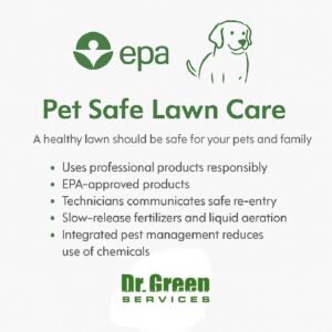 Pet safe lawn care infographic showing EPA-approved practices and Dr. Green Services logo.