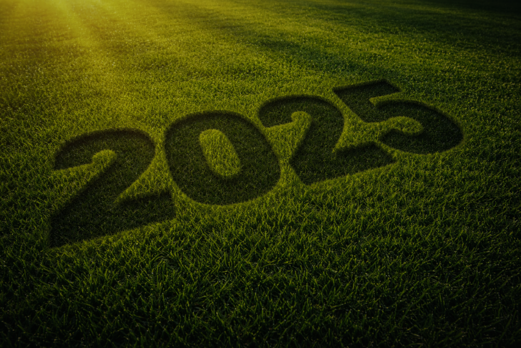 Dark green lawn with the year 2025 mowed into the grass, symbolizing seasonal lawn care reflection