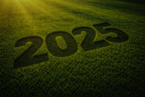 Dark green lawn with the year 2025 mowed into the grass, symbolizing seasonal lawn care reflection