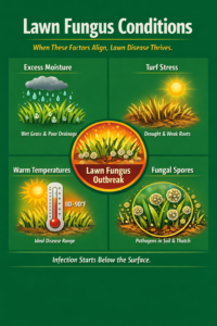 Lawn fungus science infographic showing moisture, temperature, turf stress, and fungal spores causing lawn disease