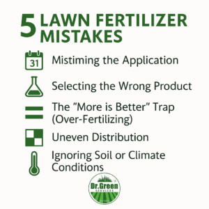 Infographic listing five common lawn fertilizer mistakes, including mistiming, wrong product selection, over-fertilizing, uneven distribution, and ignoring soil conditions, with the Dr. Green Services logo.