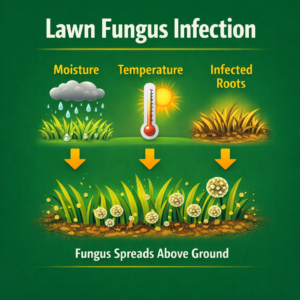 Lawn fungus infection diagram showing how moisture and temperature lead to root infection before visible turf damage appears