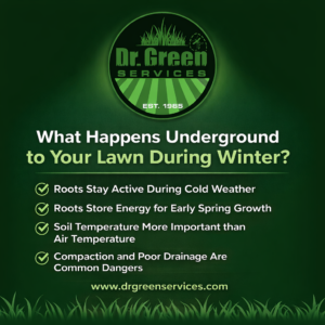 Infographic showing the Dr. Green Services logo with key facts about lawn roots in winter, including root activity, energy storage, soil temperature, and drainage risks.