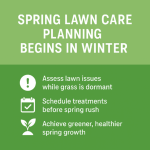 Infographic explaining that spring lawn care planning begins in winter, highlighting lawn assessment, early scheduling, and healthier spring growth.