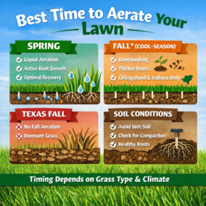 Best time to aerate your lawn showing spring liquid aeration, fall overseeding for cool-season grass, and regional timing differences