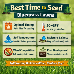 Best time to seed bluegrass lawns infographic showing fall seeding benefits, soil temperature range, moisture needs, and root development