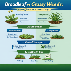 Broadleaf vs grassy weeds infographic comparing leaf shape, growth habits, and weed control strategies in lawns