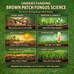 Infographic explaining brown patch fungus science, including turf stress, moisture, temperature, and canopy conditions that drive disease development