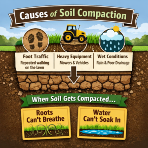 Causes of soil compaction in lawns caused by foot traffic, heavy equipment, and wet soil conditions