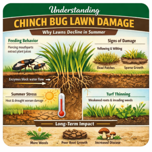 Infographic explaining chinch bug lawn damage, showing insect feeding at the grass crown, disrupted water movement, summer heat stress, and turf thinning.