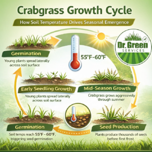 Crabgrass growth cycle infographic showing soil temperature triggers, germination, seedling growth, summer spread, and seed production.