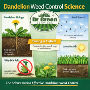 Dandelion weed control infographic explaining dandelion biology, deep taproots, seed spread, lawn health, and why timing is critical.