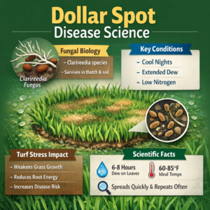 Dollar spot disease science infographic explaining fungal biology, turf stress, moisture conditions, and how dollar spot disease develops in lawns