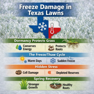Infographic explaining Texas winter lawn damage, showing freeze and thaw cycles, dormancy benefits, root protection, and spring recovery for warm-season grass.