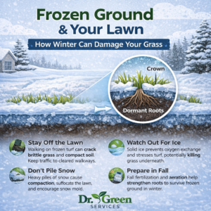Infographic explaining how a frozen ground lawn is affected by winter soil conditions, ice buildup, and foot traffic
