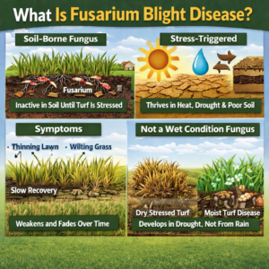 Infographic explaining fusarium blight disease and how turf stress, heat, and poor soil conditions lead to lawn thinning