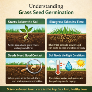Grass seed germination illustrated showing bluegrass seeds sprouting roots below the soil surface