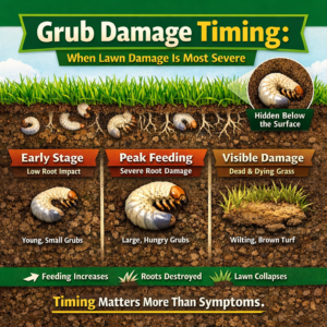 Grub Damage Timing infographic showing early feeding, peak root damage, and visible lawn collapse caused by white grubs