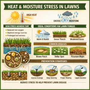 Heat and moisture stress infographic showing how high temperatures and excess moisture weaken turfgrass and lead to lawn fungus