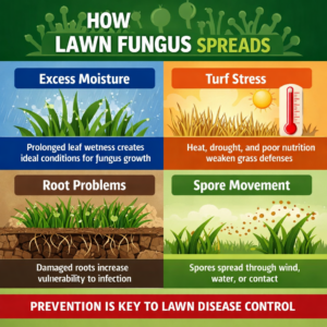 How lawn fungus spreads infographic showing moisture, turf stress, root damage, and spore movement as key factors in lawn disease spread