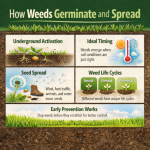 How Weeds Germinate and spread in lawns, showing soil conditions, seed activation, weed life cycles, and early prevention science