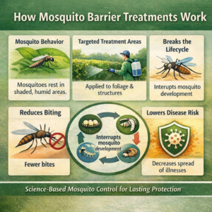 Infographic explaining how mosquito barrier treatments work by targeting mosquito resting areas, disrupting the lifecycle, and reducing disease risk.