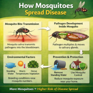 How mosquito disease spread occurs through bites, saliva transmission, and environmental conditions