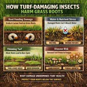 Infographic explaining insect root damage and how turf-damaging insects weaken grass roots below the soil surface