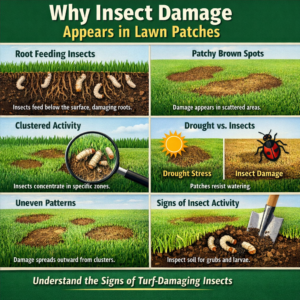 Insect damage patches forming in a lawn due to turf-damaging insects feeding below the surface