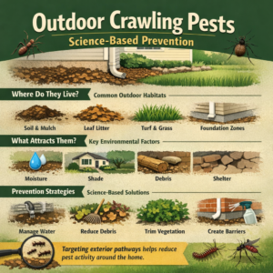 Infographic showing where outdoor crawling pests live, what attracts them, and science-based prevention around home foundations