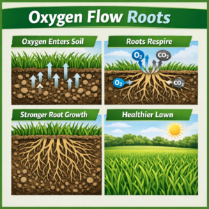 Oxygen flow roots infographic showing how air moves through soil to support root growth and healthy lawns