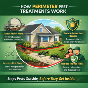 Perimeter pest treatments infographic showing how exterior barriers stop pests before they enter a home