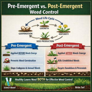 Pre emergent vs post emergent weed control infographic showing weed life cycle stages and how each method targets weeds before or after emergence