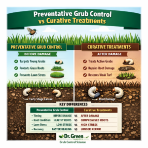 Preventative grub control infographic comparing preventative grub control vs curative treatments and how early timing protects grass roots
