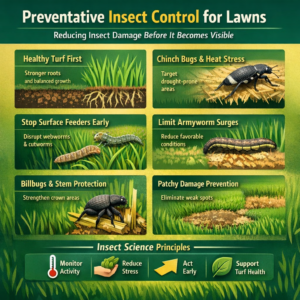 Preventative insect control infographic explaining how lawn health, timing, and turf biology reduce turf-damaging insect activity.