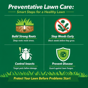 Preventative lawn care infographic showing proactive treatments that protect lawns from weeds, insects, and disease